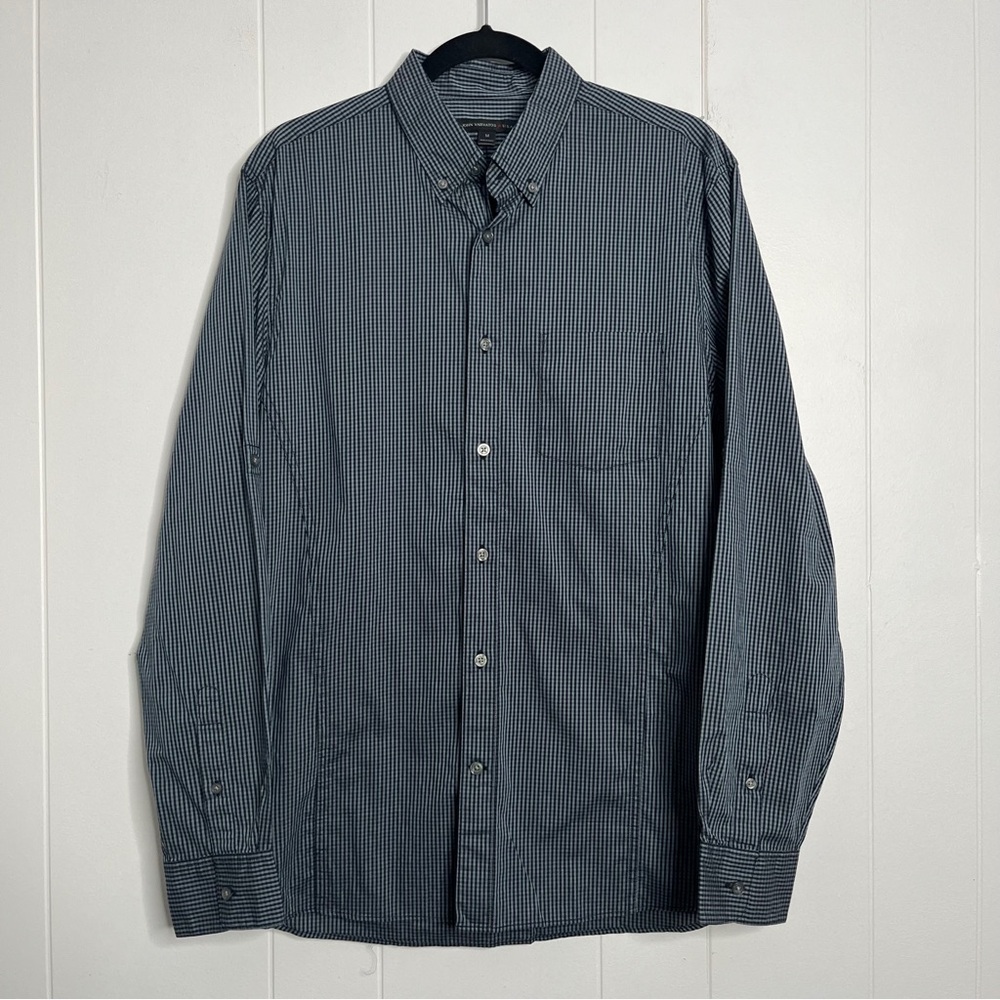 John Varvatos USA Blue Checked Button Down Roll Tab Sleeve Shirt Fitted Men's M